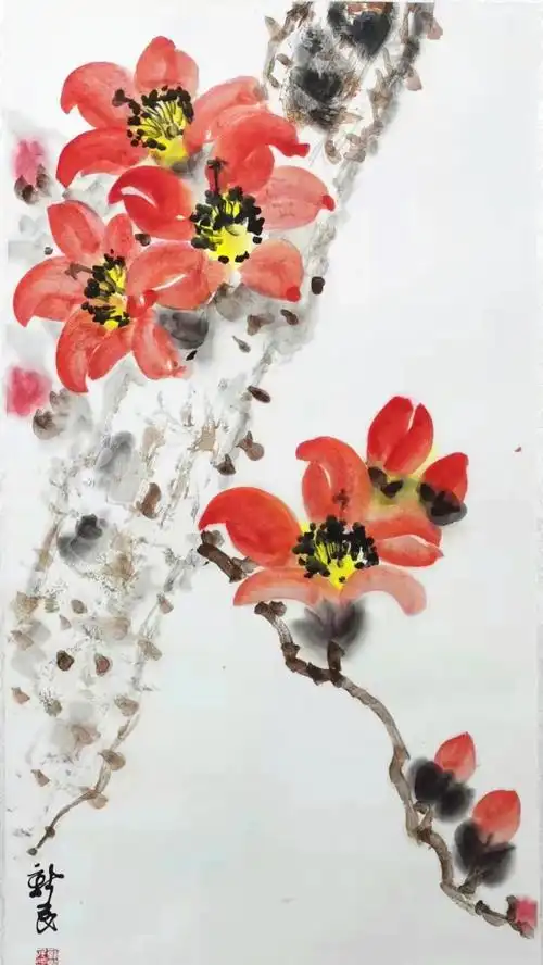 多年执着地学习,研究画木棉花,早年学陈子毅,近年拜关山月大师的学生