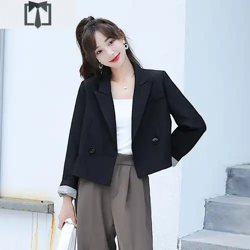 suntek黑色西装外套女短款职业气质小个子150cm韩版宽松休闲西服上衣