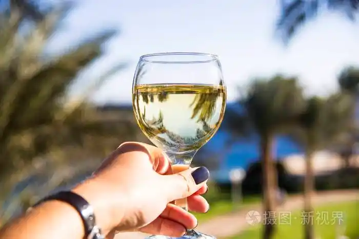 一个女人手里拿着一杯酒站在手掌之间的海边埃及度假胜地和海滩假日