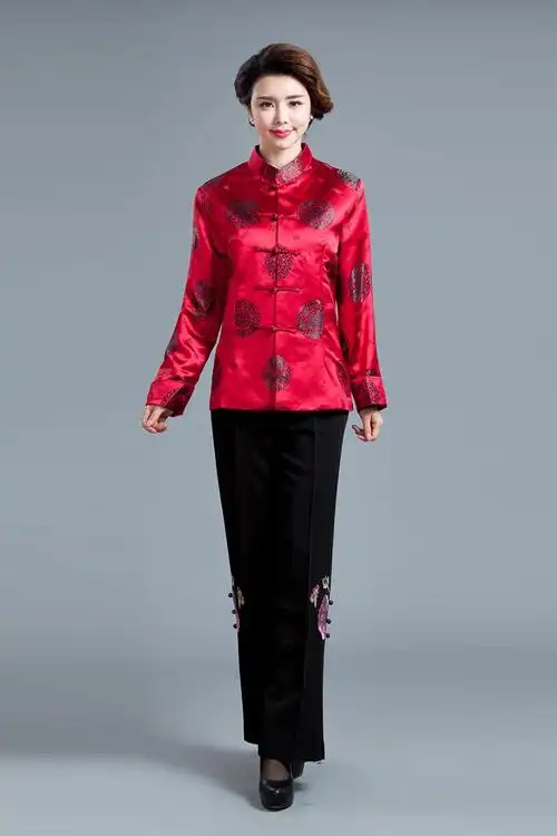 女式中式上衣锦缎长袖唐装中国风时尚外套枣红 北京唐装专柜正品