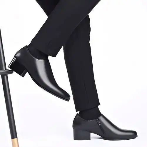 男士高跟皮鞋高跟鞋英伦商务正装皮鞋发型师尖头鞋牛皮拉链鞋黑色黑色