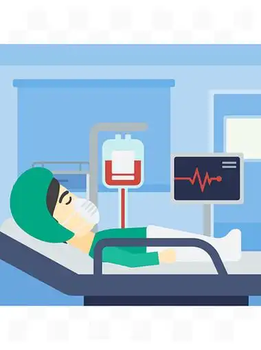 在床上的一个亚裔人在医院病房氧气面罩的病人躺在医院的病房里,配有