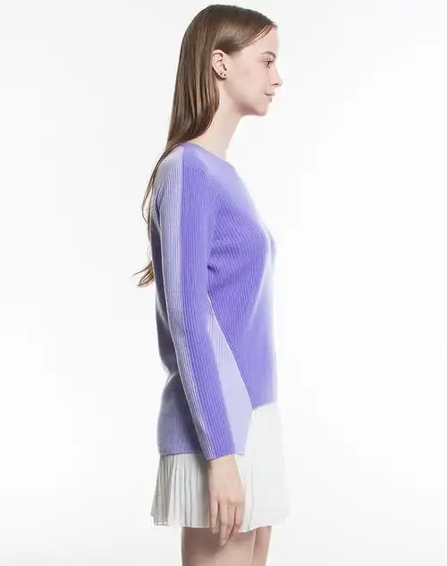 女士浅紫罗兰撞色v领纯羊绒套衫