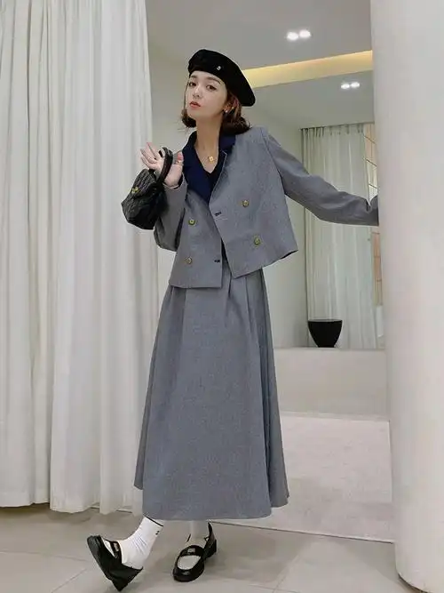 现货2023春季拼接西装半身裙两件套