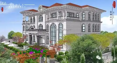 三层千平欧式豪华别墅设计图,挑空客厅,顶层八角凉亭.