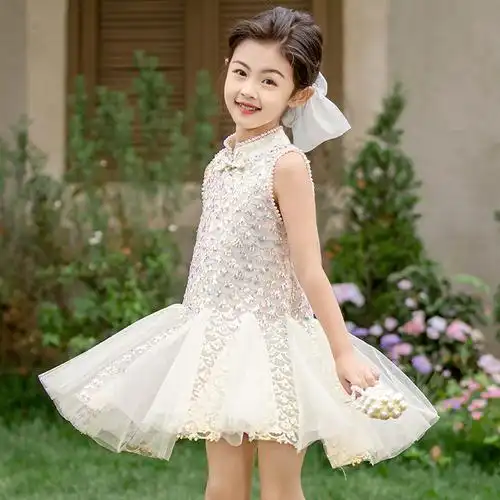 夏季背心连衣裙子小女孩珍珠亮片改良旗袍2024新款网红儿童装礼服