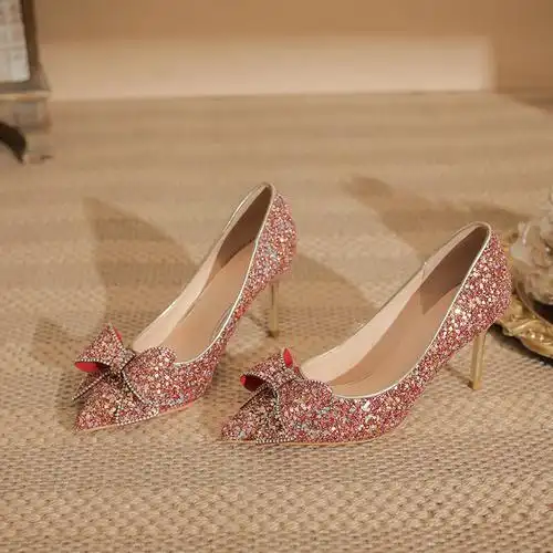 红色高跟鞋女细跟婚纱两穿2024年新款亮片新娘鞋时尚尖头大码单鞋