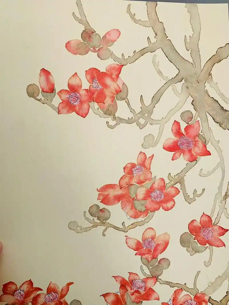 国画木棉花 没骨画法(含过程) 红棉春月竟相开,画一枝开得好的.