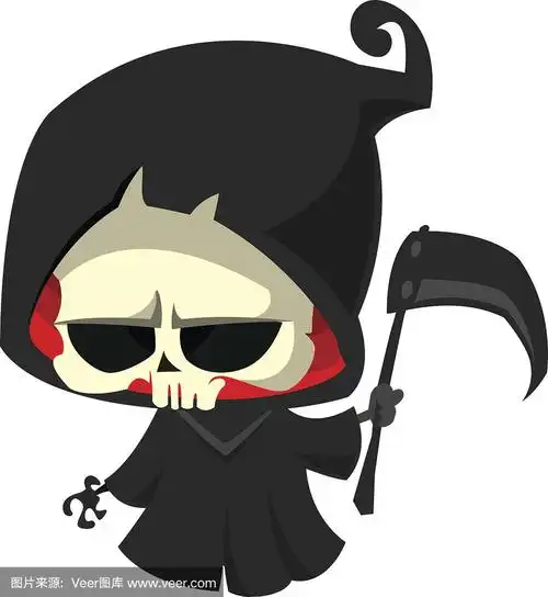 可爱的卡通死神与镰刀孤立在白色.