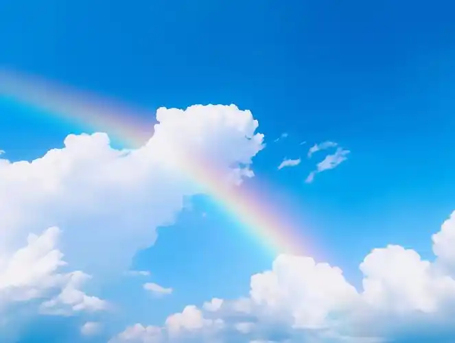 蓝天白云七色彩虹风景图明亮背景壁纸