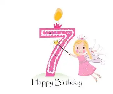 女孩贺卡与可爱童话抱着三个数字矢量背景快乐的五岁生日蜡烛.