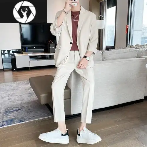 hongzun夏季轻熟风七分中袖休闲西服套装男士潮流宽松小西装外套高级