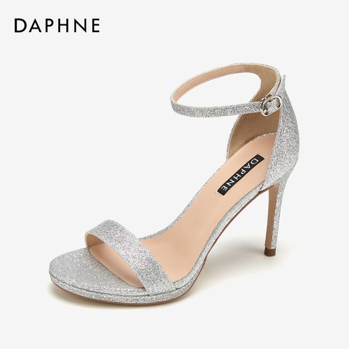 daphne/达芙妮夏新款简约高跟闪耀一字带纯色时尚细跟优雅凉鞋女