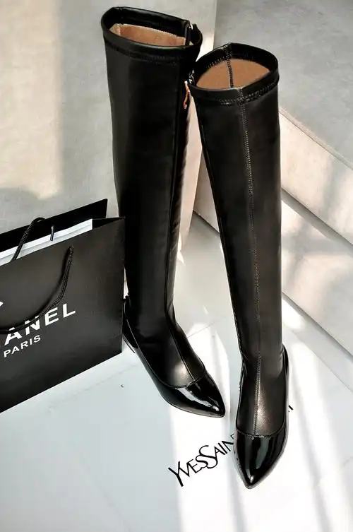 真皮尖头过膝长靴