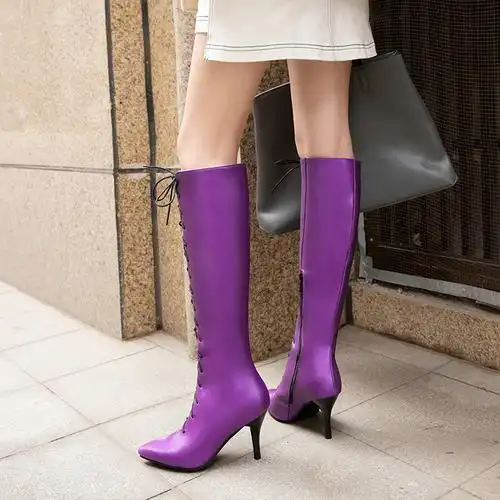 夜店走秀演出紫色长靴细跟高跟尖头高筒靴交叉绑带杏色绸缎女靴子