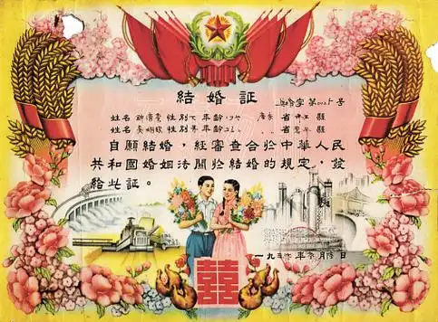 上世纪50年代的结婚证,出现麦穗等元素.