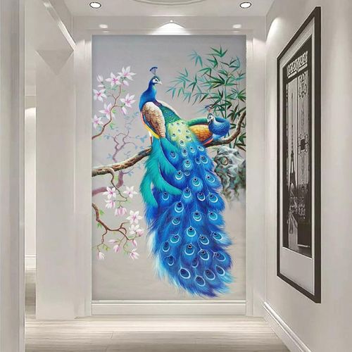 3d立体孔雀壁纸8d定制简欧竖版玄关墙布5d走廊过道背景墙装饰壁画