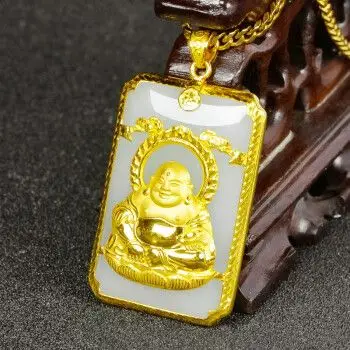 老凤凰999足金大佛吊坠黄金镶嵌和田玉男女款金镶玉弥勒佛吊坠和田