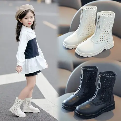 女童马丁靴春秋单靴夏季薄款儿童英伦风短靴镂空小女孩高帮皮鞋夏