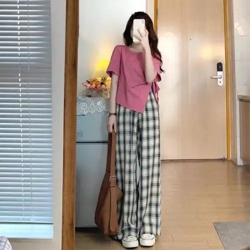 夏季时尚套装不规则短袖t恤上衣 格子高腰阔腿裤小个子穿搭两件套