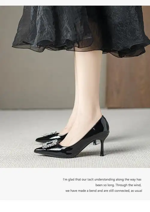 2024春秋新款高跟尖头细跟单鞋方扣水钻浅口气质女鞋
