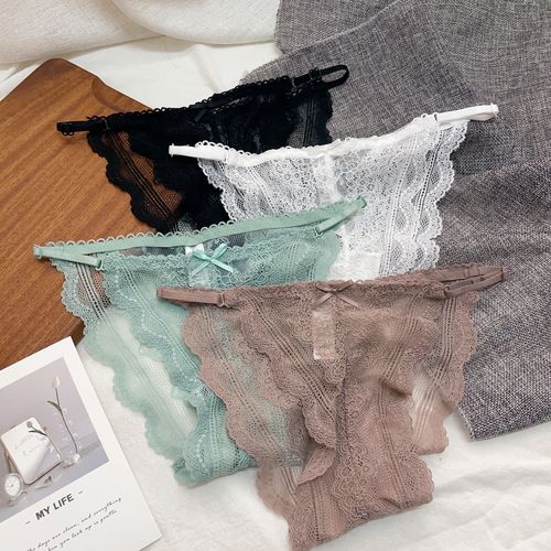 低腰性感蕾丝三角裤女透明诱人欧美内裤薄款夏新纯色镂空底裤棉档