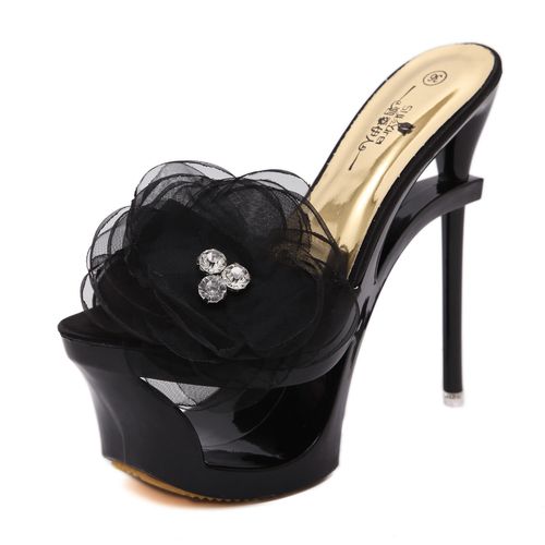 阅恨天高16cm高跟鞋防水台2023夏季性感花朵鱼嘴凉拖鞋细跟凉鞋 黑色