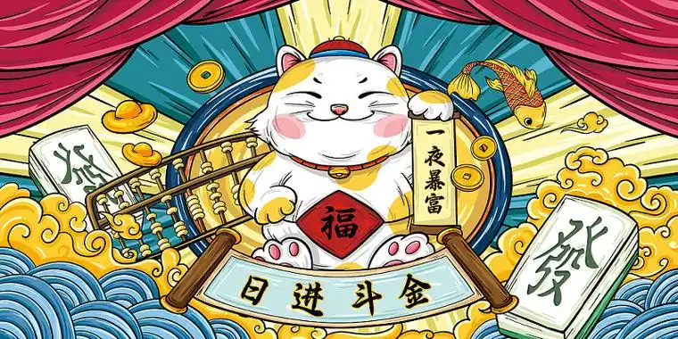鼠标垫插画手绘国潮背景招财猫发财好运金钱元宝祥云猫猫