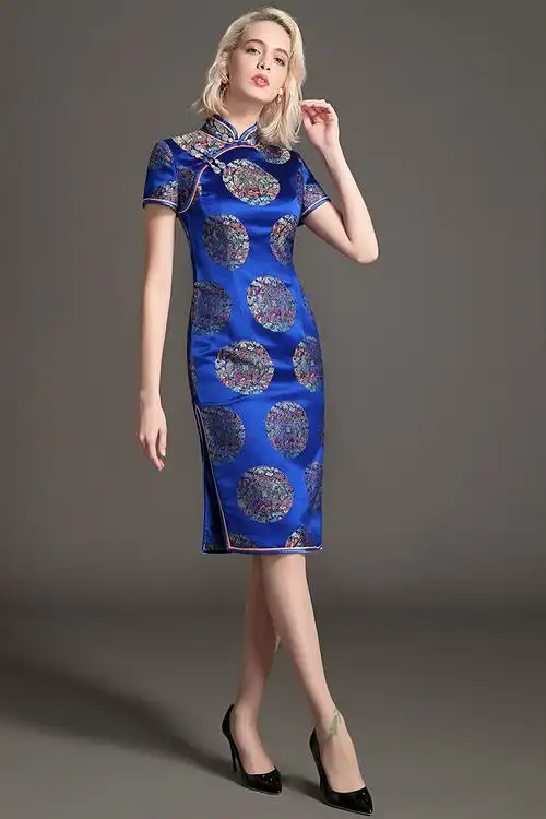 女款宝蓝色织锦缎旗袍