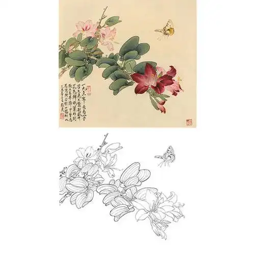 俞致贞工笔花鸟白描底稿紫荆花大紫荆蝴蝶斗方小品册页jv17