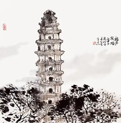 子木写生作品《福严院塔》水墨设色纸本/70Χ70cm(2016)(位于陕西延安