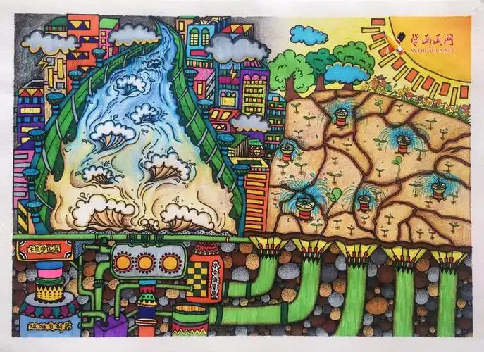 小学生一等奖4k科幻画作品泄洪抗旱系统