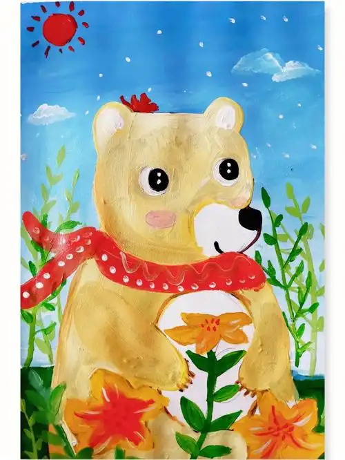 原创少儿水粉画创意儿童画动物小熊