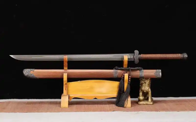 龙泉刀剑黑金古刀.26寸折叠锻打花纹钢高性能工艺.进口花梨木鞘.