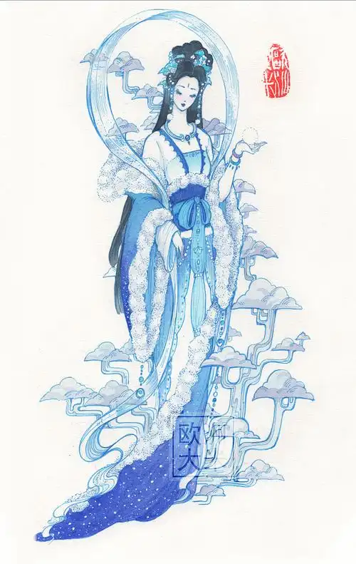 诎孜拟人插画合集灵感记录唯美古风黑白插画针管笔手绘 天帝少女