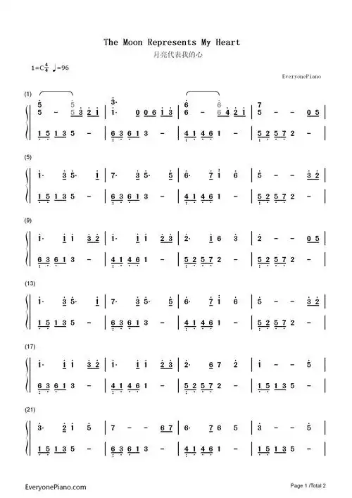 月亮代表我的心超简单版双手简谱预览1