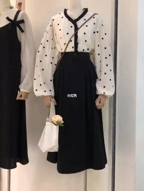 波点上衣黑色爆款半身裙