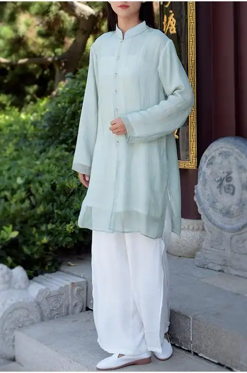 太极服女 春太极服女飘逸中国风真丝棉麻双层太极拳练功服晨练服 白色