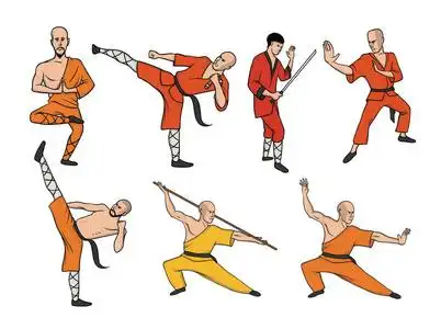 少林和尚练功夫.军事 art.矢量插图集, 在白色上隔离照片