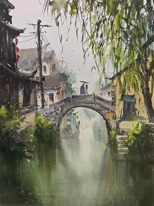 拂小舟朦胧江南诗雨静听江南谣江畔渔者共诉江南情当江南水乡遇到水彩