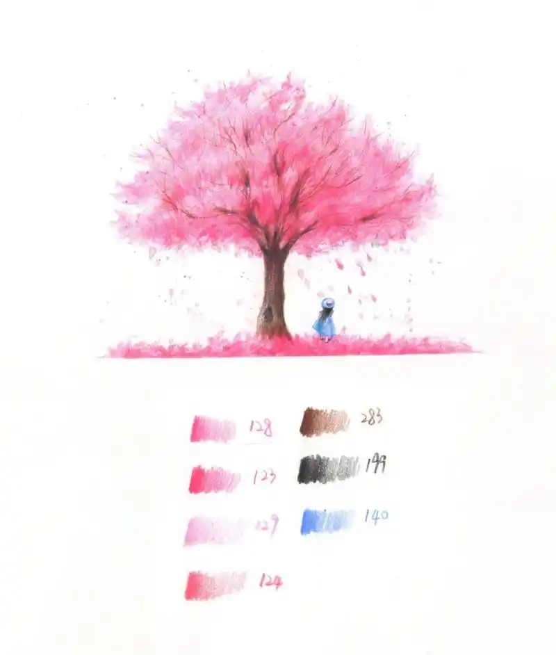 彩铅94樱花树教程&附色号 这个笔的话用的是辉柏嘉绿盒油性彩铅