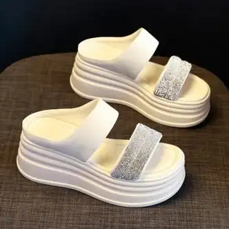 品牌小个子凉拖鞋女夏季新款百搭外穿半拖鞋时尚厚底超火松糕凉鞋米色