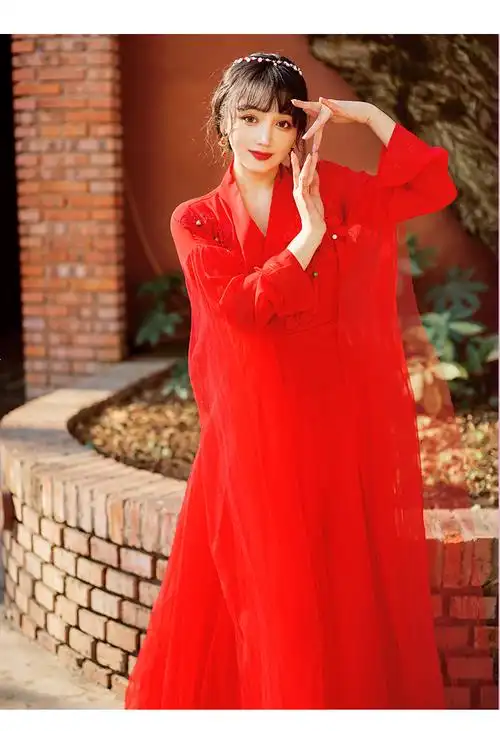 红色汉服女秋季中国风古装襦裙仙气古风套装改良连衣裙沙漠红裙 - 17