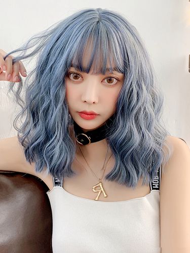 七街皇后假发女短发网红自然全头逼真泡面头蓝色中长发圆脸短卷发