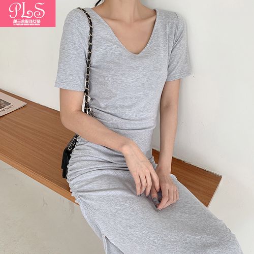 夏季新款韩版纯白v领修身显瘦短袖打底连衣裙体恤长款女装纯色t恤