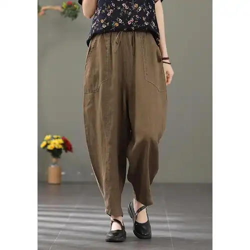 蒲席文艺复古休闲拼接棉麻萝卜裤女宽松大码休闲裤