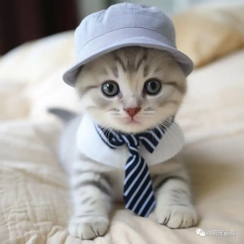 小猫咪穿上领带和帽子,太萌了