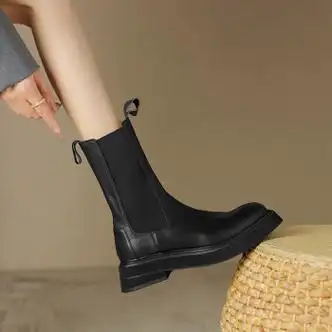 畏又轻奢里外纯皮秋冬头层牛皮棕色中筒靴切尔西靴女圆头粗跟短靴女