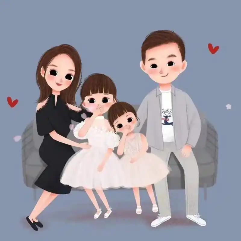 两个女儿卡通头像亲子照 两个女儿全家福卡通头像一家四口亲子照