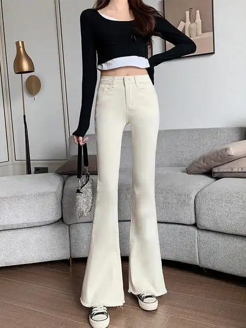 毛边白色牛仔裤女2021春季新款时尚高腰修身显瘦喇叭直筒阔腿长裤